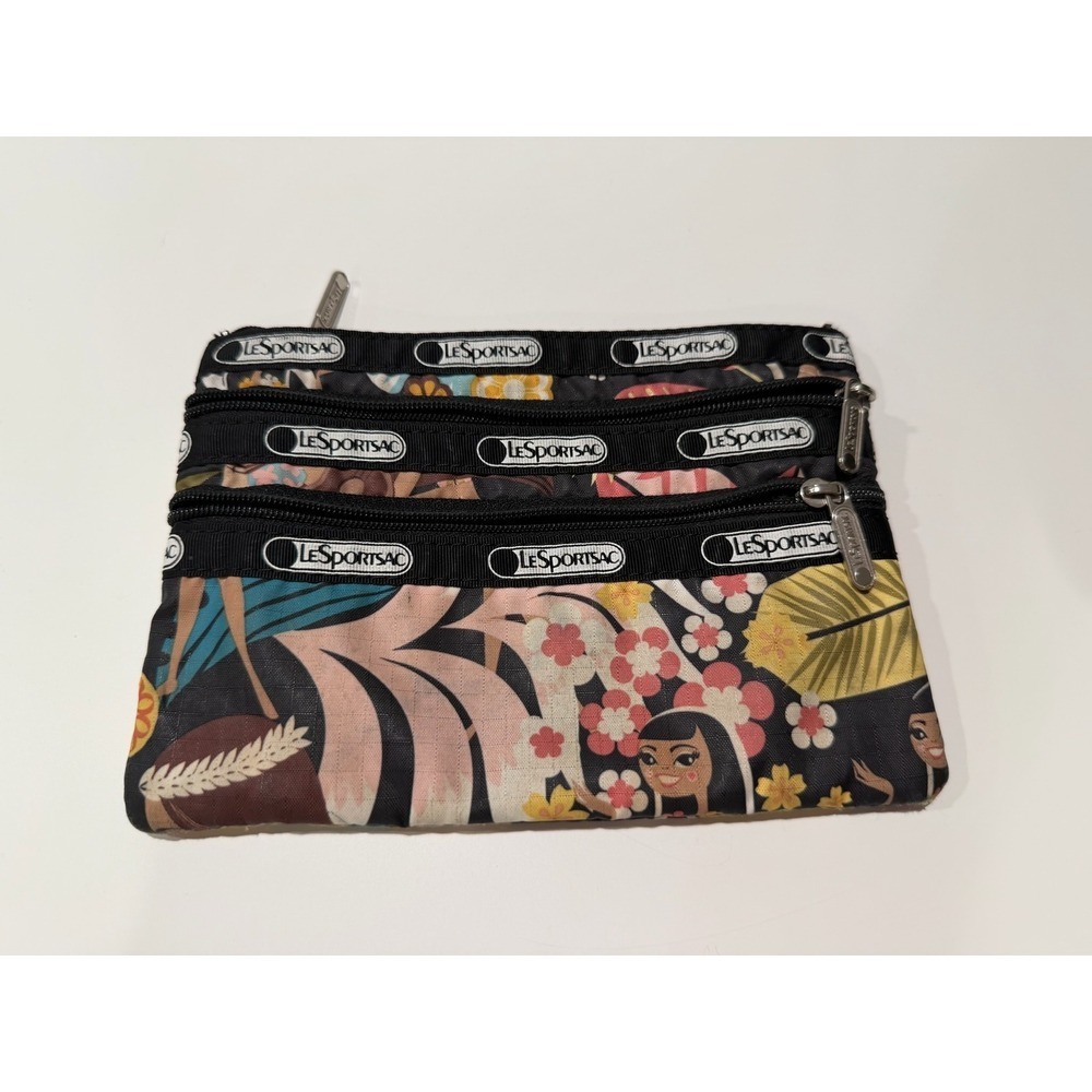 LeSportsac 3-Zip Cosmetic Pouch Hawaiian Hula Girl Tropical Floral Pouch